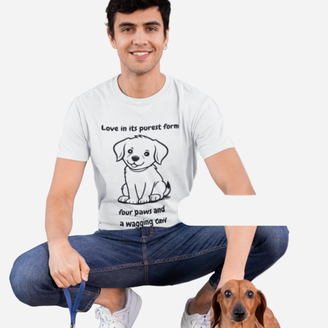 A person sitting on the ground with a dog, wearing a white t-shirt with text and a drawing of a dog on it.