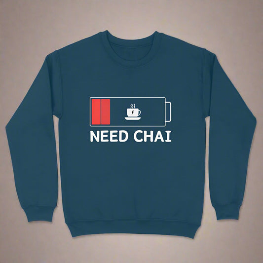 Chai lover sweatshirt, Need Chai sweatshirt, tea lover apparel, black unisex sweatshirt, quirky sweatshirts, chai-themed clothing, soft cotton sweatshirt, battery chai design, comfortable sweatshirts for women, sweatshirts for men, eco-friendly apparel, Made in India sweatshirt, relatable sweatshirt for tea drinkers.